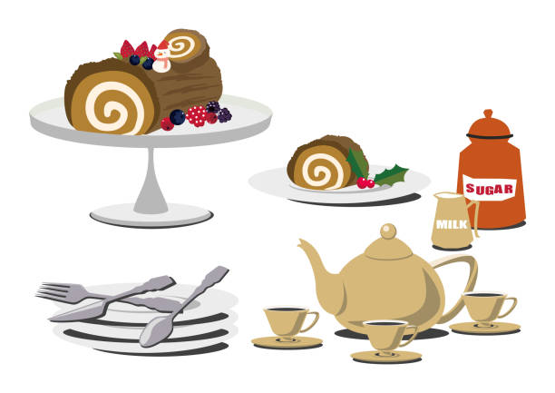 케이크와 커피의 그림입니다. 케이크와 차 그림입니다. 부시 드 노엘의 테이블 세트입니다. 롤 케이크 클립 아트. - black tea dishware plate cup stock illustrations