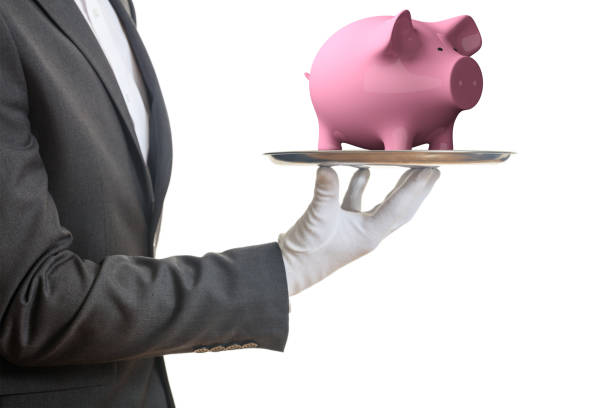 3d rendering pink piggy bank a tray on white background