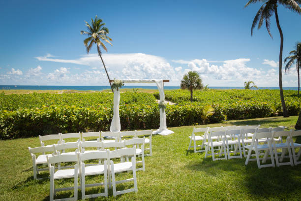 istock Outdoor wedding setup on the beach 1049388624