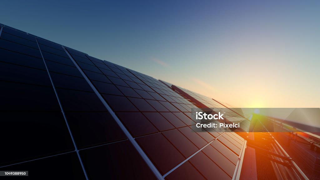 Solar Panels in Dim Light 3D Rendering Solar Panel Stock Photo