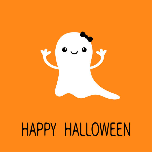 Funny baby girl ghost with black bow. Smiling face. Happy Halloween. Greeting card. Cute cartoon character. Scary spirit. Kids collection. Orange background. Flat design. Funny baby girl ghost with black bow. Smiling face. Happy Halloween. Greeting card. Cute cartoon character. Scary spirit. Kids collection. Orange background. Flat design. Vector illustration girl levitating stock illustrations