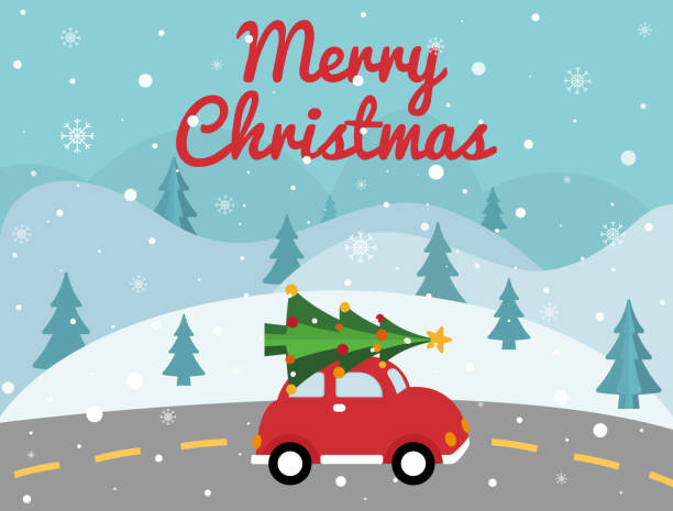 Merry Christmas red car with Xmas tree on the top. Christmas card with winter landscape, road, retro pickup, Xmas tree. Bright holiday design. Vector illustration Merry Christmas red car with Xmas tree on the top. Christmas card with winter landscape, road, retro pickup, Xmas tree. Bright holiday design. Vector illustration. snow road stock illustrations