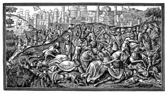 This vintage engraving from a 15th century manuscript depicts the epic battle for Jerusalem led by Charlemagne, King of Franks (742 - 814) in the Crusades of the Middle Ages. He is often regarded as the Father of Europe. Engraved by an unknown artist, it was published in an 1878 history of the Middle Ages and is now in the public domain.