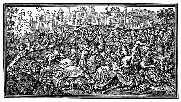 This vintage engraving from a 15th century manuscript depicts the epic battle for Jerusalem led by Charlemagne, King of Franks (742 - 814) in the Crusades of the Middle Ages. He is often regarded as the Father of Europe. Engraved by an unknown artist, it was published in an 1878 history of the Middle Ages and is now in the public domain.