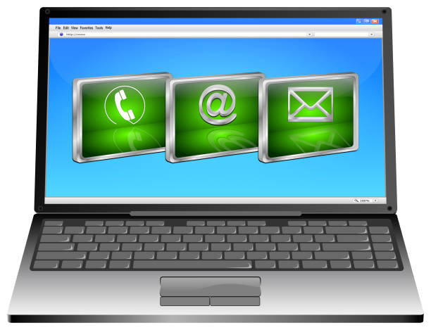 istock Laptop with contact us button - 3D illustration 1049399692