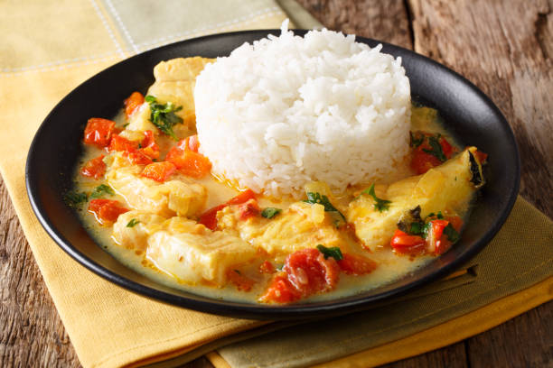 la cuisine équatorienne : pescado encocado ou poisson avec noix de coco sauce gros plan. horizontal - cat fish food photos et images de collection