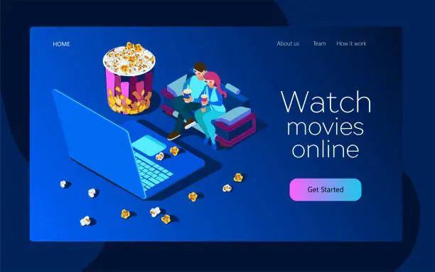 Vector illustration of Watch the movie online with a laptop. Young people are watching film and sitting on the couch.  Bright youth illustration of a home cinema. Isometric 3d flat illustration