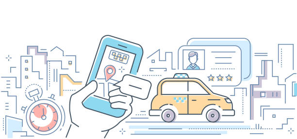 ilustrações, clipart, desenhos animados e ícones de táxi app móvel - linha colorida design estilo vetor ilustração - driving mobile phone car talking