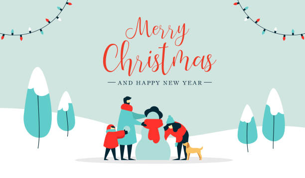 Christmas and happy new year family wintertime card Merry Christmas happy new year winter illustration, family with kid and dog making snowman on snow landscape background. Modern people holiday design for xmas season. winter illustrations stock illustrations