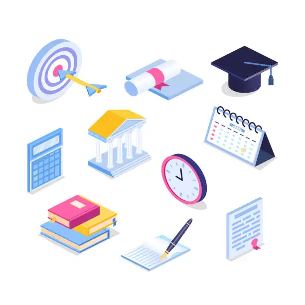 Vector illustration of Isometric education icon set. 3d graduation vector illustration. Book, calendar, notebook, graduation cap, goa