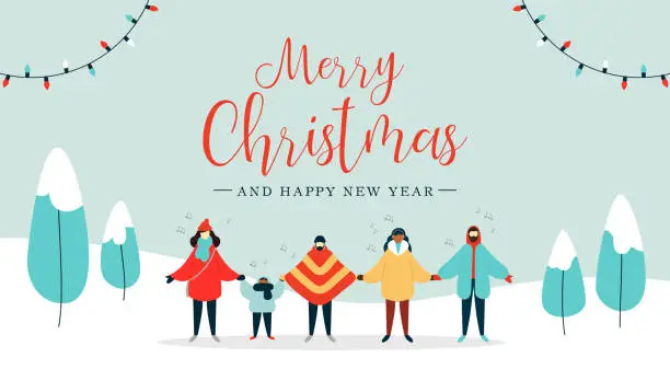 Vector illustration of Merry Christmas card of diverse people singing