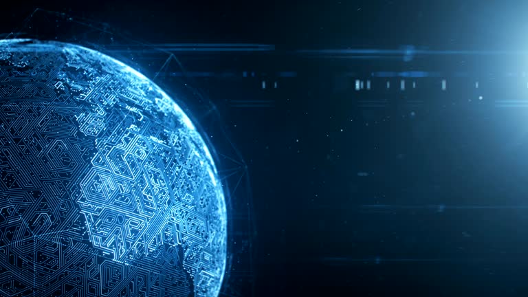 Highly detailed globe consisting of illuminated circuit board patterns. Perfectly usable for a wide range of technology related topics. The globe's last rotation is seamlessly loopable.