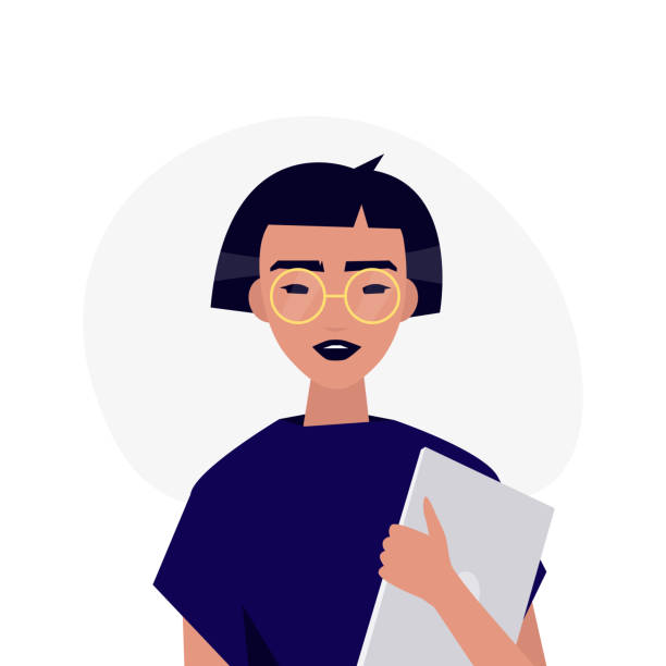 A portrait of young millennial character. Asian girl holding a laptop. Flat editable vector illustration, clip art A portrait of young millennial character. Asian girl holding a laptop. Flat editable vector illustration, clip art gen z stock illustrations