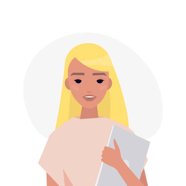 portret młodego tysiąclecia. blondynka kaukaska dziewczyna trzymająca laptopa. płaska edytowalna ilustracja wektorowa, obiekt clipart - hair clip obrazy stock illustrations