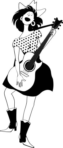 Country star clip-art Young girl in country-western clothes singing and playing guitar, EPS 8 vector line illustration, no white objects line dance stock illustrations