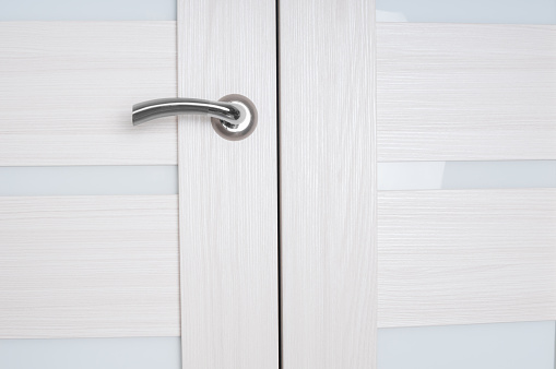 Closed door with metallic handle close up