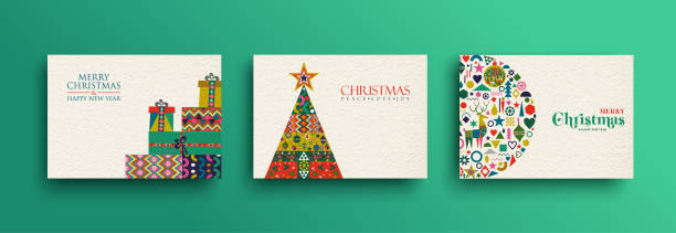 メリー クリスマス レトロなフォーク アート カード コレクション - クリスマスカード点のイラスト素材／クリップアート素材／マンガ素材／アイコン素材