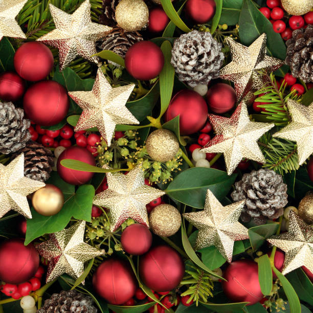 istock Christmas Baubles and Flora Background 1049435292