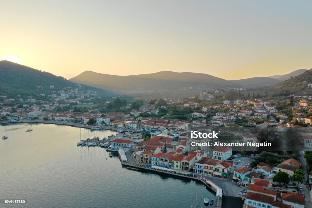 Sunrise at Ithaca Bay of Vathy Village in Ithaca Ithaca Stock Photo