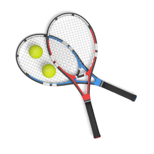 3d-rendering von zwei tennisschläger in verschiedenen farben mit kugeln über sie. - tennis racket ball isolated stock-fotos und bilder