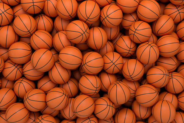 3d-rendering viele orange basketball-bälle liegen in einer endlosen stapel von oben gesehen. - sport ball sphere competition stock-fotos und bilder