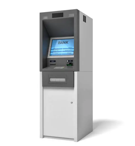 Photo of 3d rendering of an isolated bank ATM machine with a lit blue screen on white background.