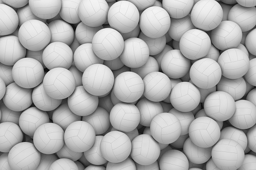 3d rendering of many white volleyball balls lying in an endless pile as seen from above. Summer team play. Volleyball equipment. Active hobby.