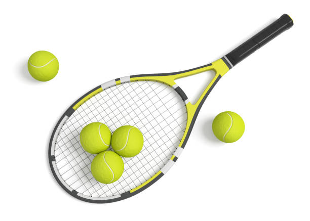 3d rendering einen einzigen tennisschläger liegend mit einem gelben kugeln auf weißem hintergrund. - tennis court tennis ball racket stock-fotos und bilder