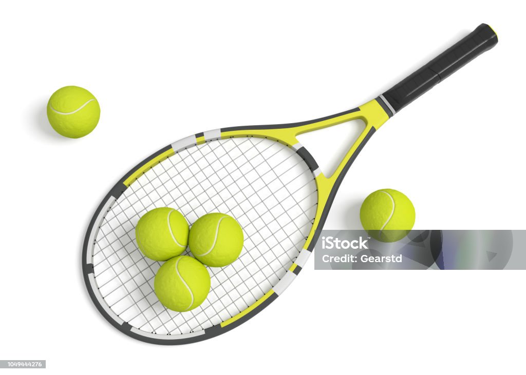 3d rendering a single tennis racquet lying with a yellow balls on white background. 3d rendering a single tennis racquet lying with a yellow balls on white background. Tennis as sport. Tennis as hobby. Tennis classes. Tennis Racket Stock Photo