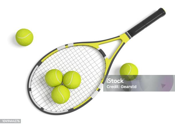 3d Rendering A Single Tennis Racquet Lying With A Yellow Balls On White Background Stock Photo - Download Image Now