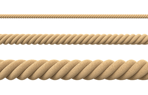 3d rendering of tree strings of rope of different thickness in straight lines isolated on a white background. Packing materials. Lifting and pulling gear. Life line.