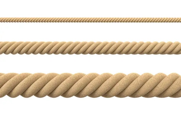 3d rendering of tree strings of rope of different thickness in straight lines isolated on a white background. Packing materials. Lifting and pulling gear. Life line.