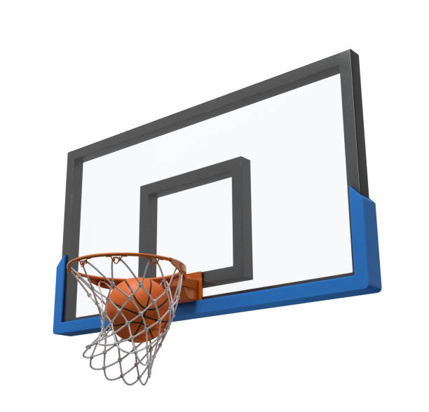 istock 3d rendering of a basketball ball falling inside a basket attached to a transparent backboard. 1049445532