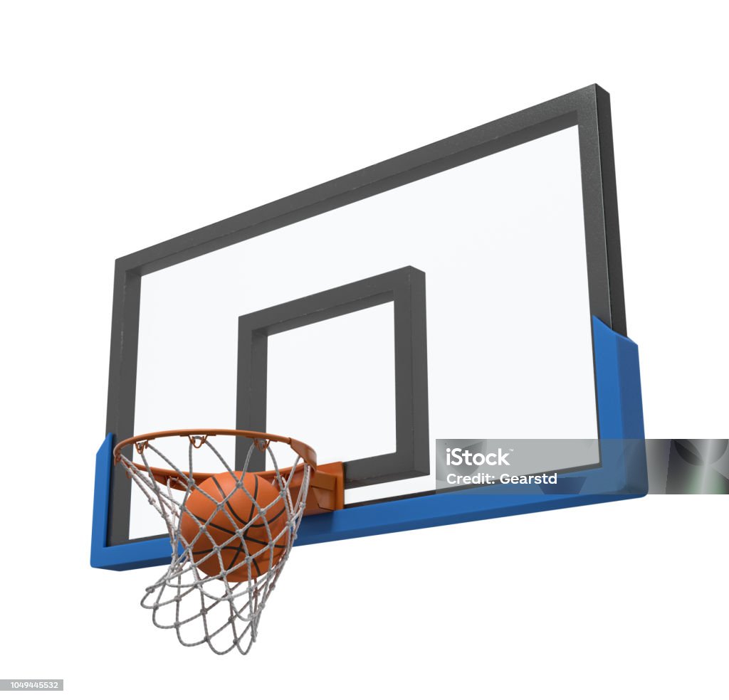 3d rendering of a basketball ball falling inside a basket attached to a transparent backboard. 3d rendering of a basketball ball falling inside a basket attached to a transparent backboard. Playing team games. Scoring victory. Activity and exercise. Cut Out Stock Photo