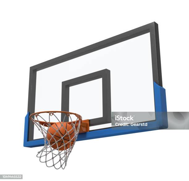 3d Rendering Of A Basketball Ball Falling Inside A Basket Attached To A Transparent Backboard Stock Photo - Download Image Now