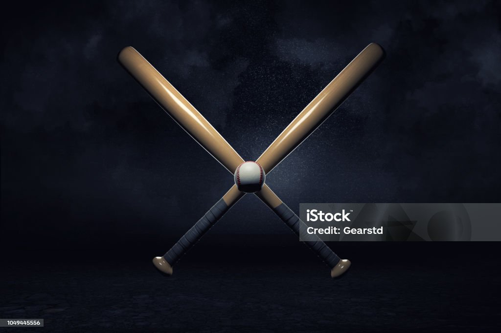 3d rendering of two baseball bats lying over each other in a cross with a small ball in their center. 3d rendering of two baseball bats lying over each other in a cross with a small ball in their center. Pitching and catching. Baseball competition. Sport battle. Baseball - Ball Stock Photo