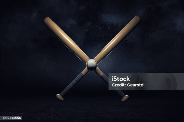 3d Rendering Of Two Baseball Bats Lying Over Each Other In A Cross With A Small Ball In Their Center Stock Photo - Download Image Now