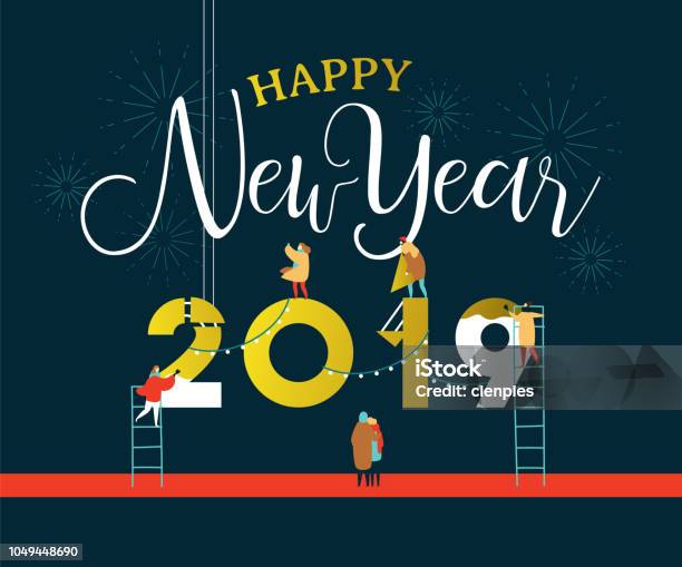 New Year 2019 Card Of People In Celebration Party Stock Illustration - Download Image Now - 2019, Cartoon, Celebration