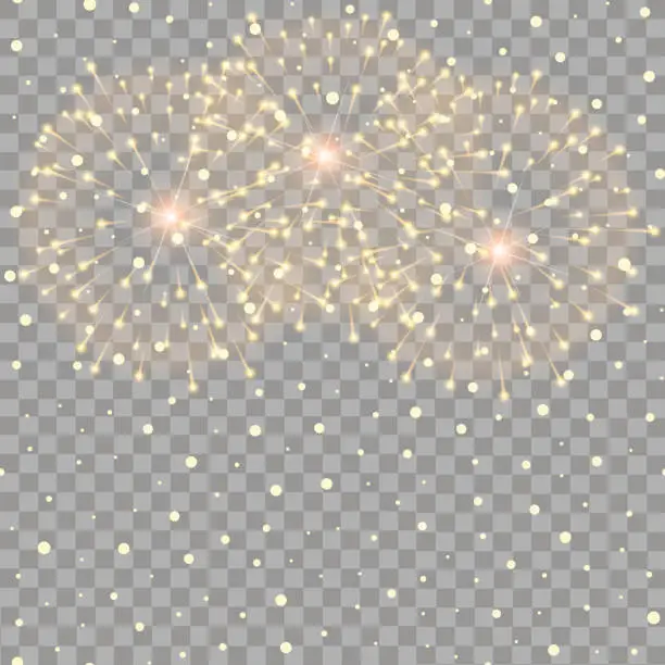 Vector illustration of Christmas or New Year background with falling and fireworks. Vector