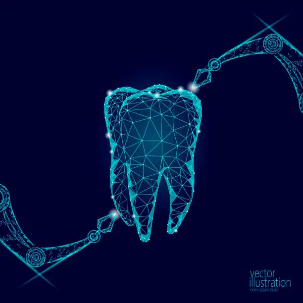 Vector illustration of 3d tooth innovation robot arm polygonal concept. Stomatology symbol low poly triangle abstract oral dental medical care business. Connected dot particle modern render blue vector illustration