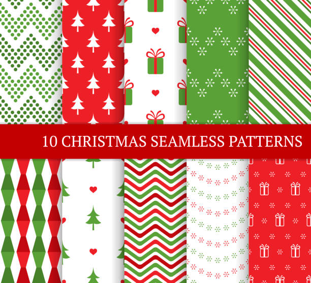 ilustrações de stock, clip art, desenhos animados e ícones de ten christmas different seamless patterns. xmas endless texture for wallpaper, web page background, wrapping paper and etc. retro style. snowflakes, zigzag and christmas tree. - white green colors paper