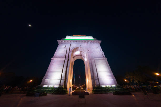 istock India gate at night with lights on shot with fisheye 1049468656