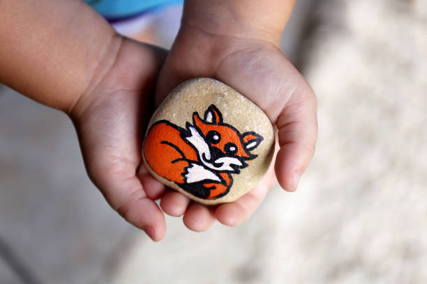 Young Child's Hands Holding a Painted Rock with A Cartoon Fox on It stock photo
