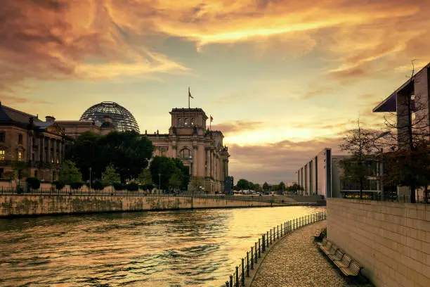The Reichstag and other Bundestag buildings on the Spree riverside in Berlin at sunset