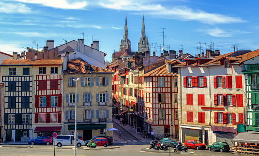 Colorful houses in the Old Town center of Bayonne, french Basque Country, France