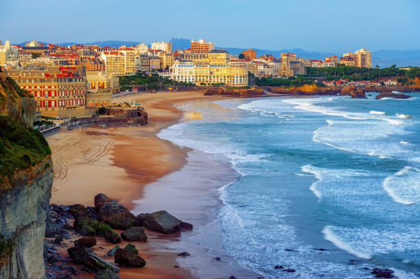 Biarritz city and its famous sand beaches, France Biarritz city and its famous sand beaches - Miramar and La Grande Plage, Bay of Biscay, Atlantic coast, France french basque country photos stock pictures, royalty-free photos & images