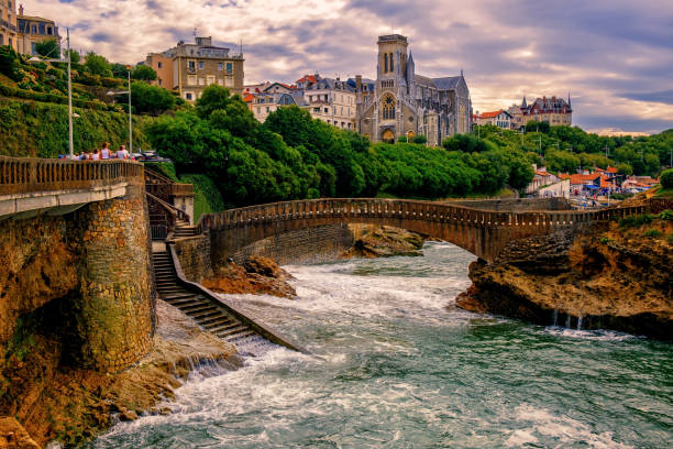 Biarritz city, view of the atlantic coast and Cathedral, France, on dramatic sunset