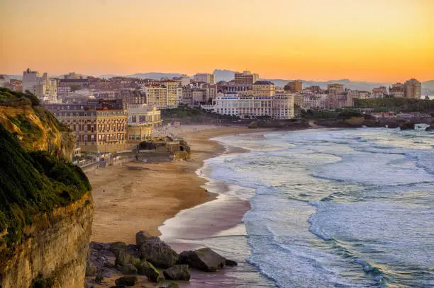 Biarritz city and its famous sand beaches - Miramar and La Grande Plage, Bay of Biscay, Atlantic coast, France