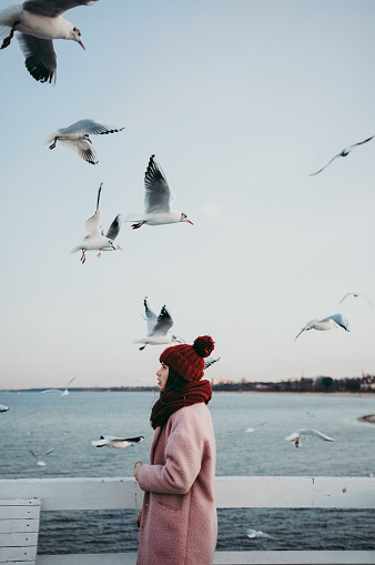 Girl in pink coat on the pier in winter with seagulls