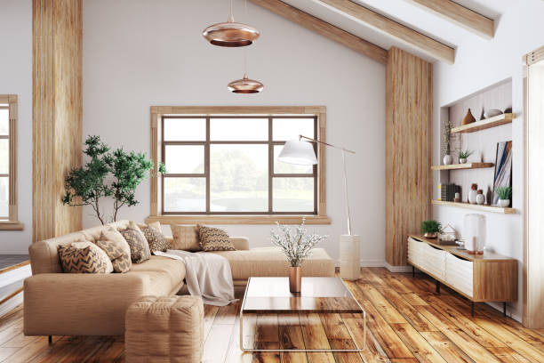 innere des modernen wohnzimmer 3d-rendering - wood window stock-fotos und bilder